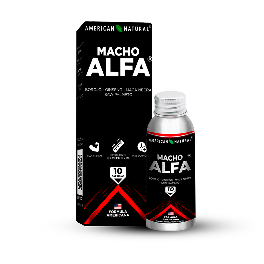 Caja y frasco originales de Macho Alfa Potenciador Sexual sobre fondo negro, transparente.