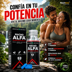 Macho Alfa Potenciador Sexual American Natural con caja, frasco y cápsulas en un entorno natural, acompañado de una pareja feliz disfrutando un momento especial al aire libre.
