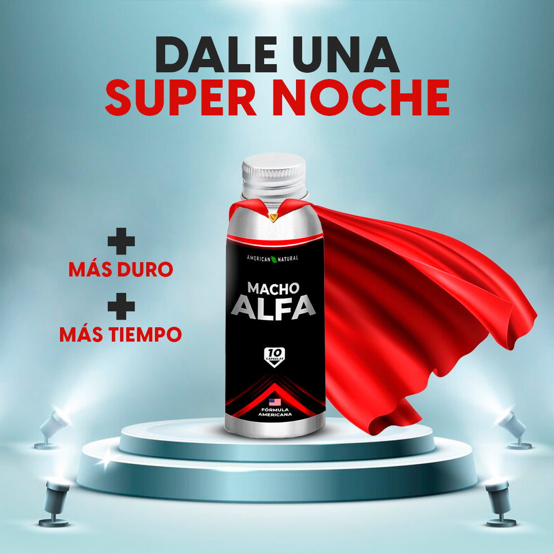 Presentación de Macho Alfa Potenciador Sexual sobre pedestal con diseño promocional y fondo moderno.