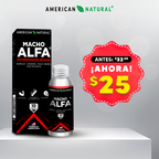 magen promocional de Macho Alfa con precio de oferta y presentación del frasco y la caja del producto
