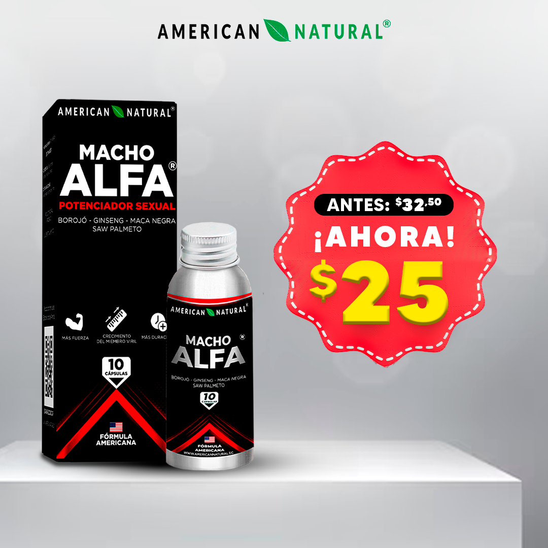 magen promocional de Macho Alfa con precio de oferta y presentación del frasco y la caja del producto