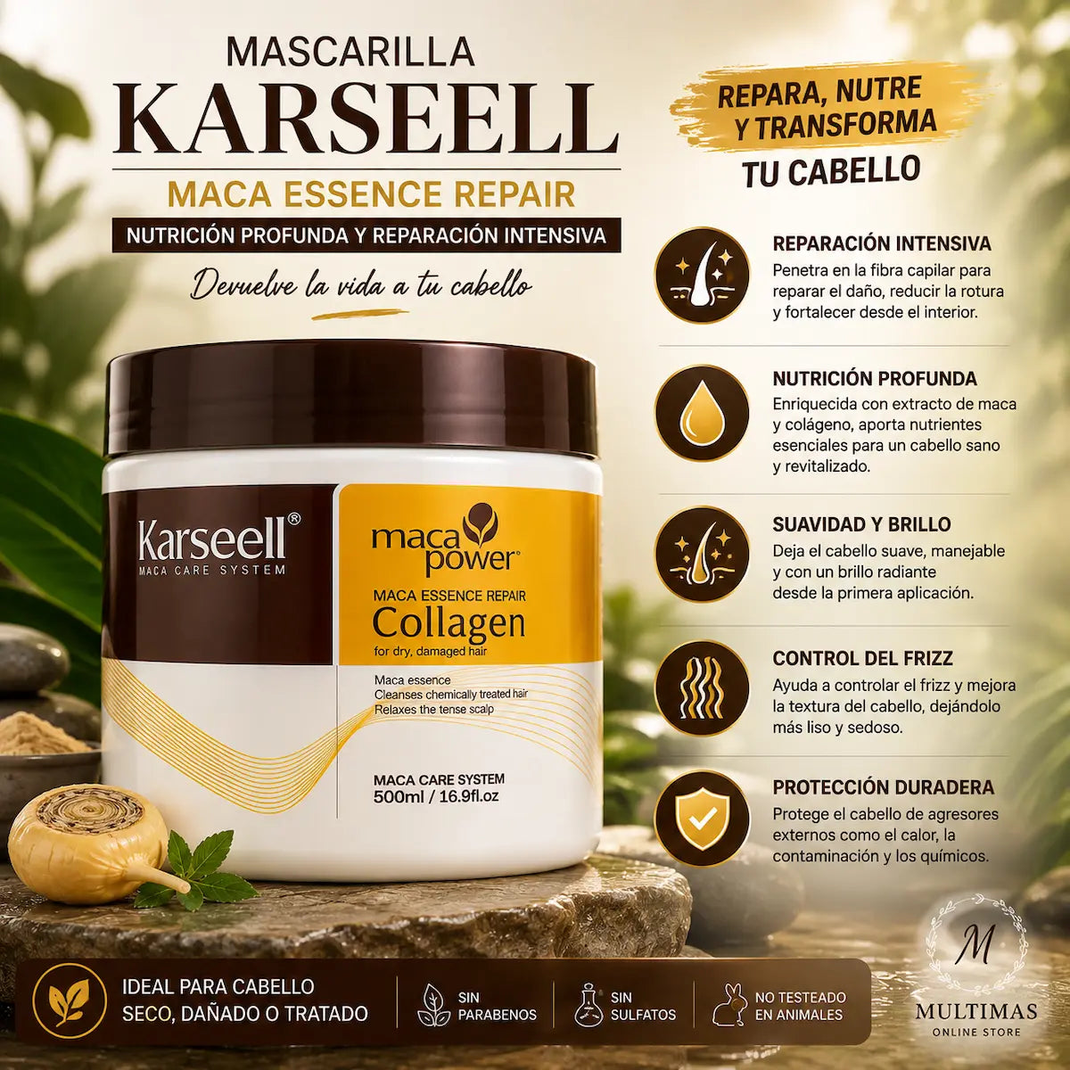 Mascarilla Karseell Maca Essence Repair Collagen 500 ml para nutrir, suavizar y ayudar a controlar el frizz en cabello seco, dañado o tratado.