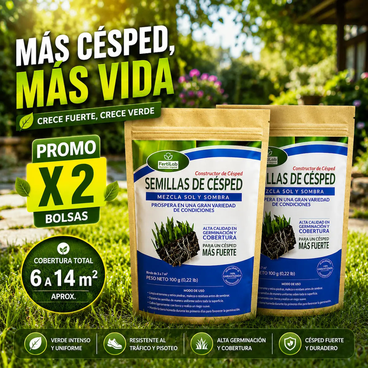 Semillas de Césped Fuerte FertiLab 100g | Mezcla Sol y Sombra | Alta Germinación