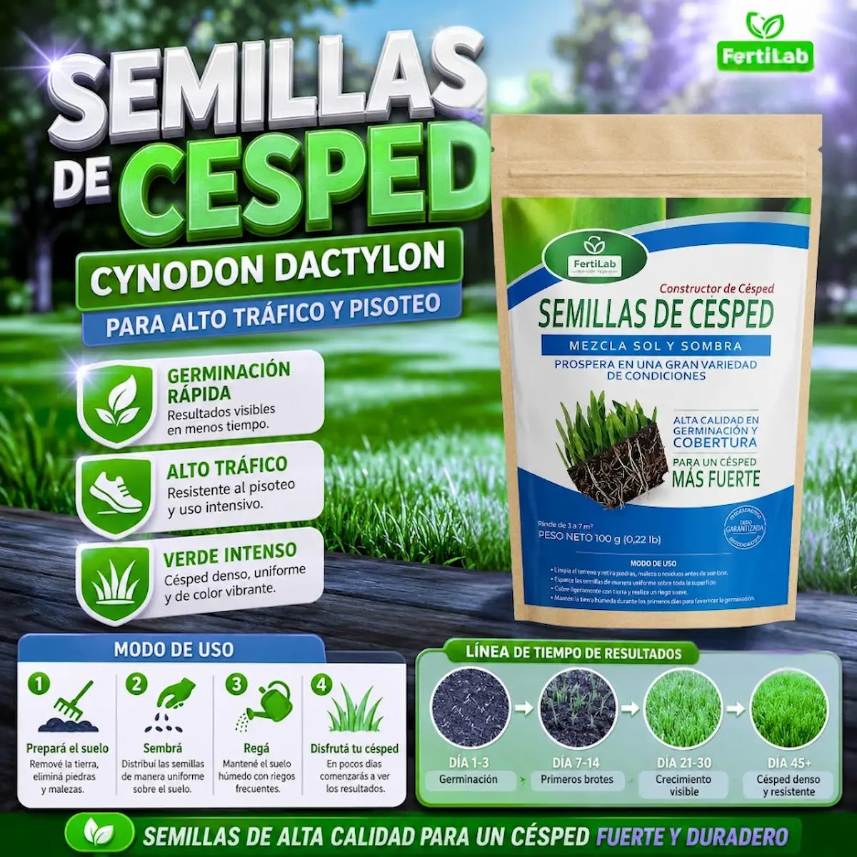 Semillas de Césped Fuerte FertiLab 100g | Mezcla Sol y Sombra | Alta Germinación