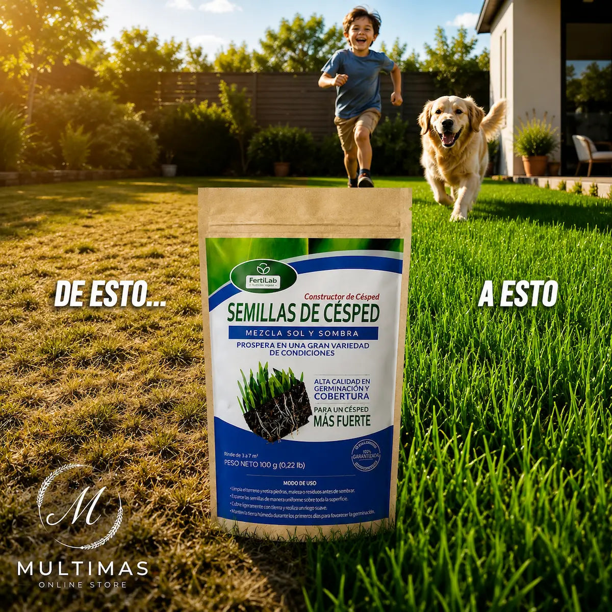 Semillas de Césped Fuerte FertiLab 100g | Mezcla Sol y Sombra | Alta Germinación