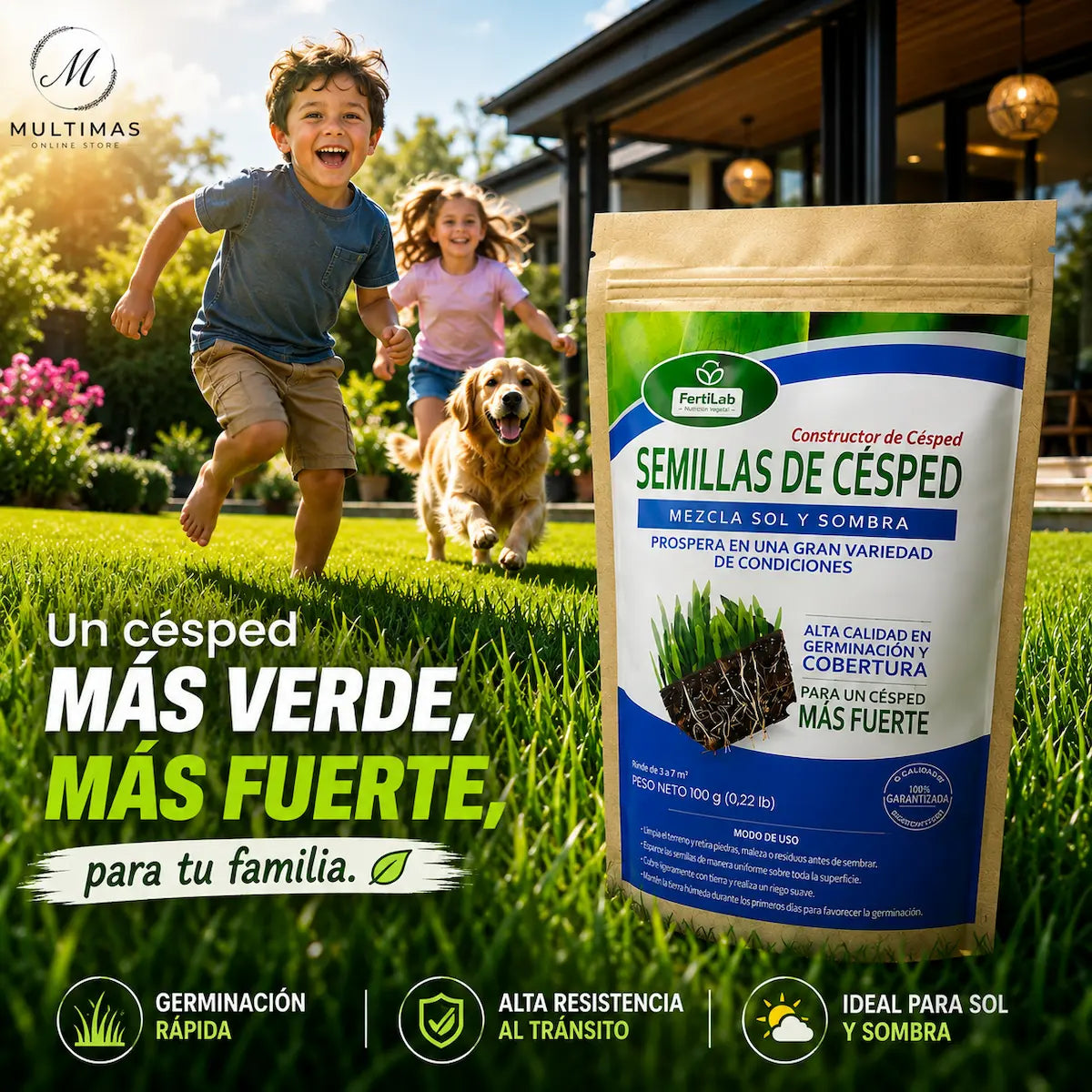 Semillas de Césped Fuerte FertiLab 100g | Mezcla Sol y Sombra | Alta Germinación