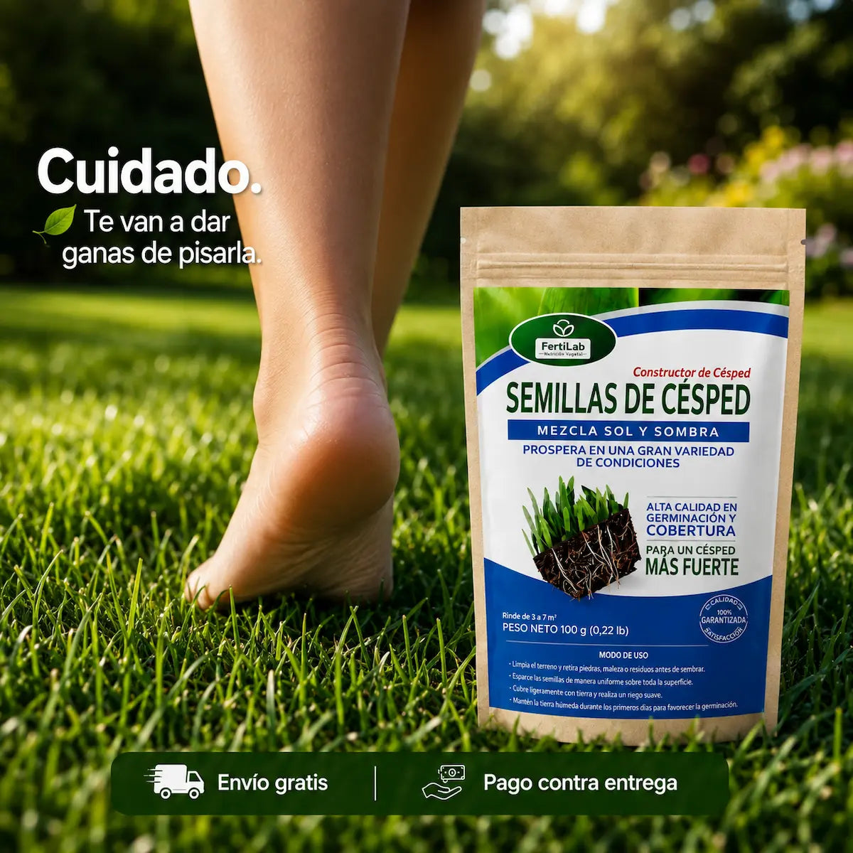 Semillas de Césped Fuerte FertiLab 100g | Mezcla Sol y Sombra | Alta Germinación
