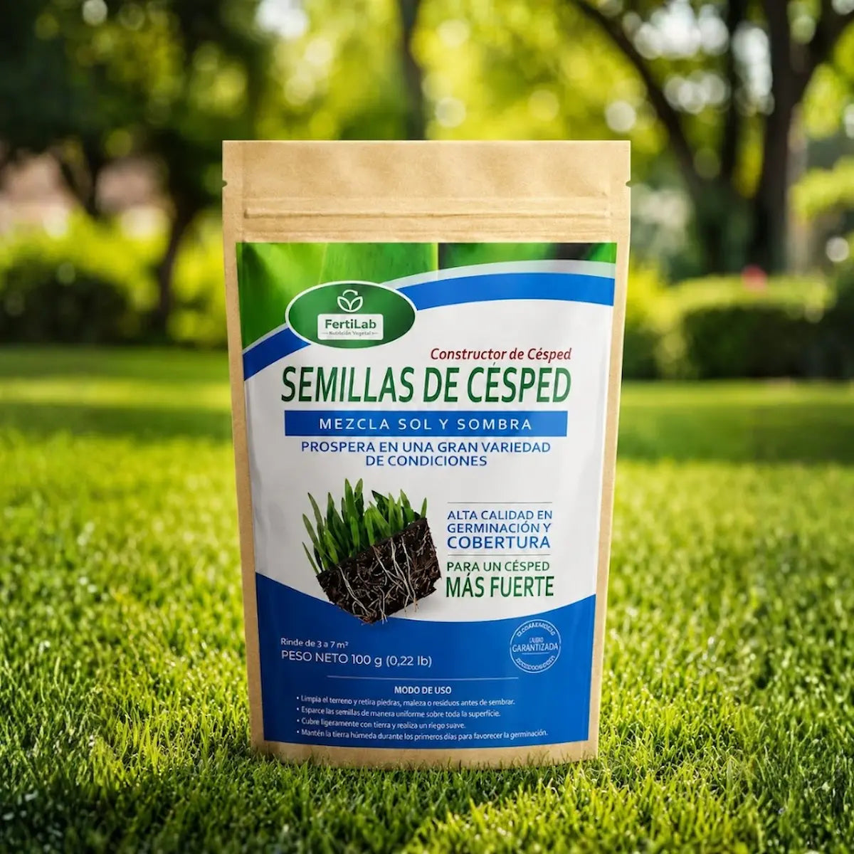 Semillas de Césped Fuerte FertiLab 100g | Mezcla Sol y Sombra | Alta Germinación