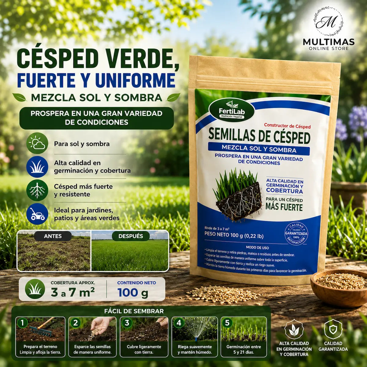 Semillas de Césped Fuerte FertiLab 100g | Mezcla Sol y Sombra | Alta Germinación