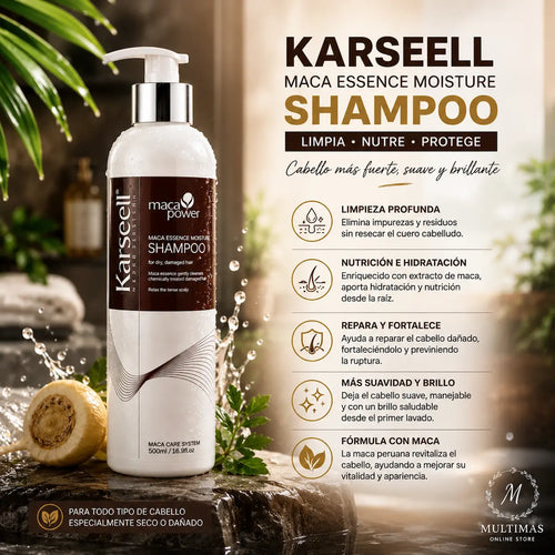 Shampoo Karseell Maca Essence Moisture 500 ml para limpiar, hidratar y aportar suavidad y brillo al cabello seco o maltratado, disponible en MULTIMAS Online Store.